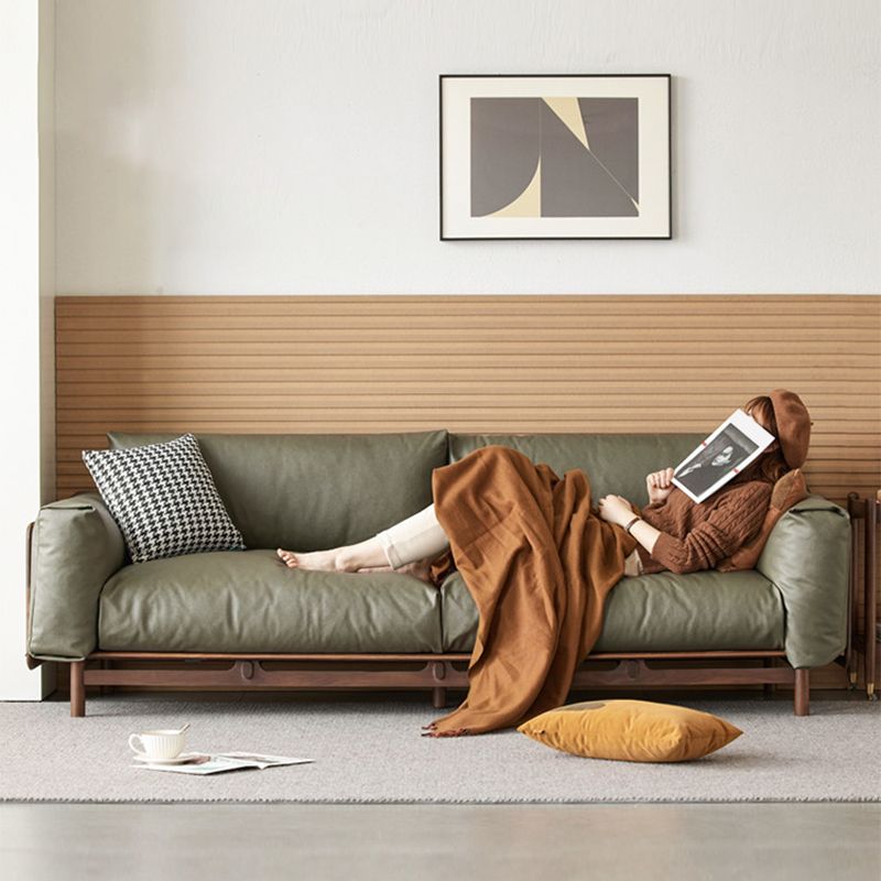 Scandinavian Solid Wood Leather Square Arm Sofa for Living Room