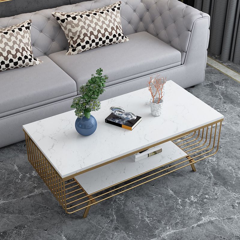 Glam 4 Legs Rectangular Marble Top Coffee Table with Storage Shelf