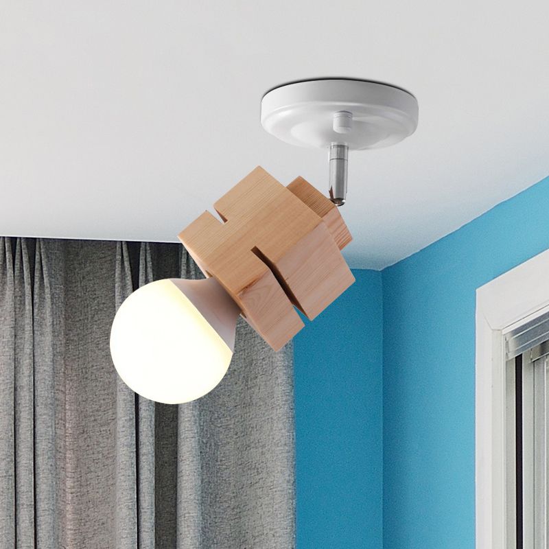 Metal Bare Bulb Semi Flush Ceiling Light Modern 1 Light White Finish Flushmount with Wood Top