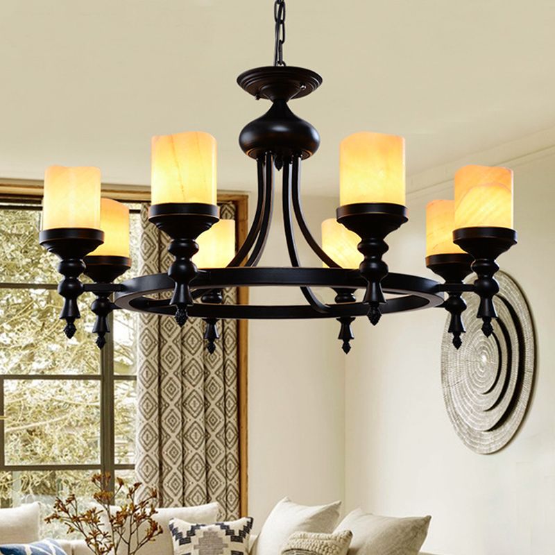 8 Lights Ceiling Chandelier Countryside Candle Crackled Dolomite Hanging Lamp Kit in Black with Loop Design