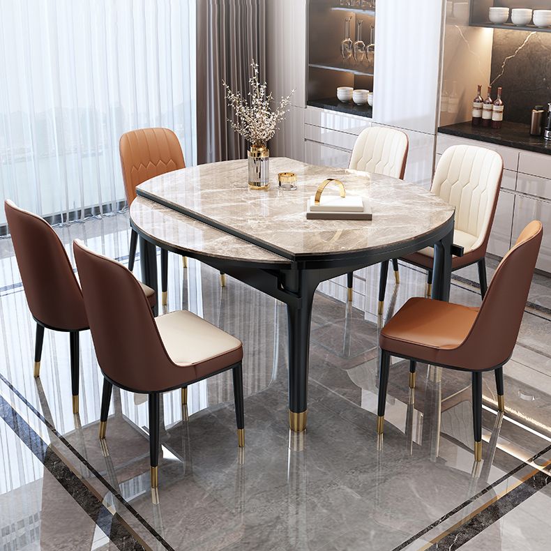 Modern Round Extendable Dining Table Stone Tabletop with Black Wood Legs