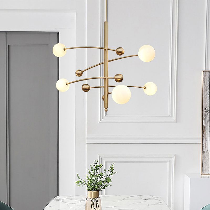 5 Bulbs Bedroom Chandelier Light Modern Gold Suspended Lighting Fixture with Ball Milk Glass Shade