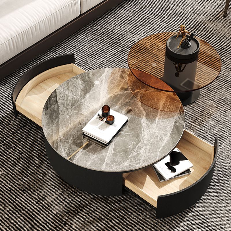 Round White Wood Coffee Table Modern Cocktail Table with Storage