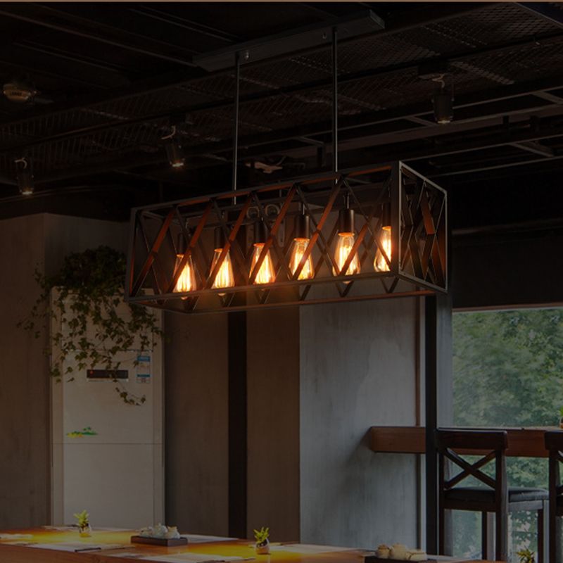 Rectangular Island Light Industrial Style Black Ironwork Pendant Lighting for Bar