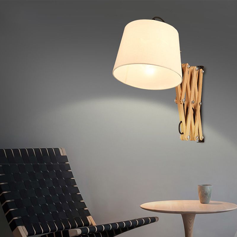 Expansion Arm Sconce Lighting Modernism Wood 1 Light Beige Wall Mounted Lamp with Cylinder White Fabric Shade