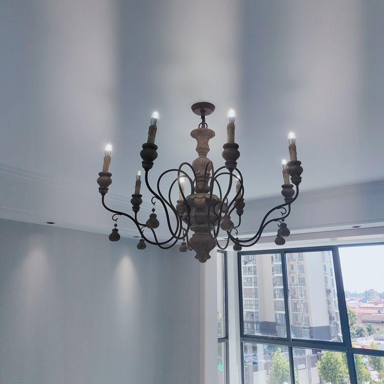 Grey Candle Pendant Lighting Antique Style Wooden Dining Room Chandelier