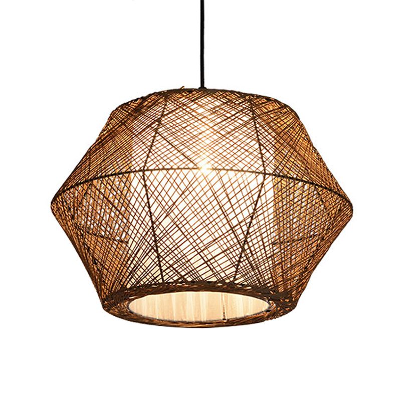 Handmade Ceiling Pendant Light with Geometric Shade Asian Style Rattan Fiber 1 Light Beige Suspended Lamp