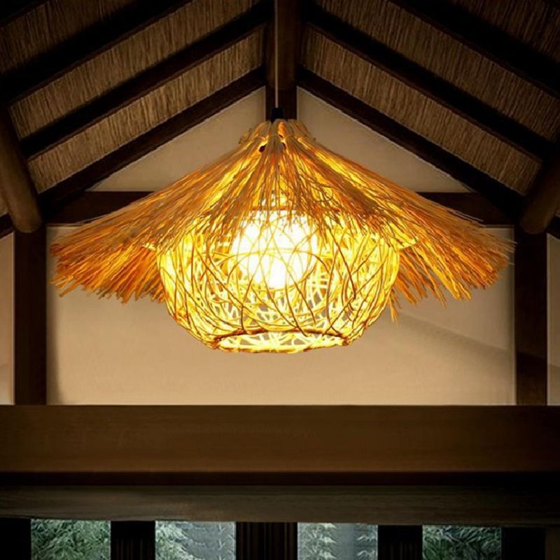 Contemporary Nest Pendant Lighting Fixture Rattan Restaurant Hanging Ceiling Light in Beige