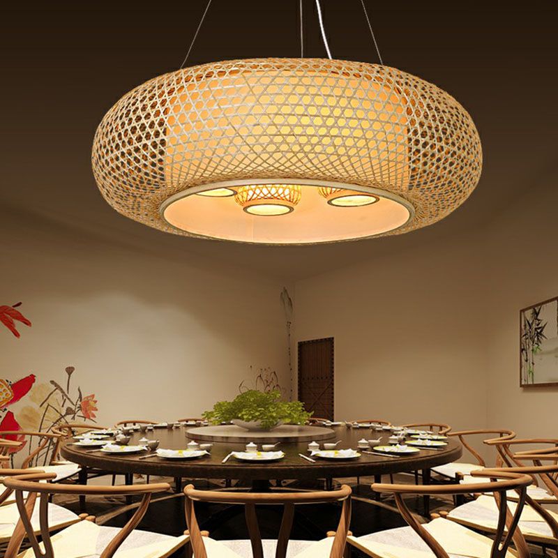 Pumpkin Bamboo Ceiling Lighting South-east Asia 4 Bulbs Wood Chandelier Light Fixture
