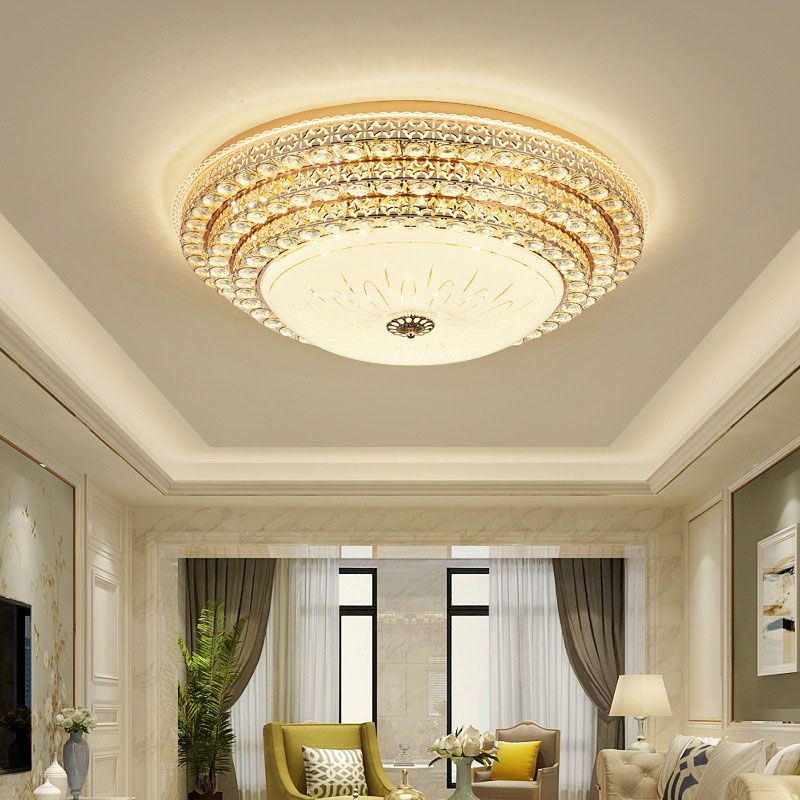 Modern Fashionable Circular LED Ceiling Light Crystal Indoor Flush Mount with Glass Shade