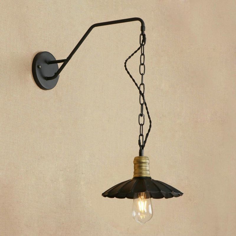 Black Scalloped Wall Hanging Light Vintage Stylish Metallic 1 Bulb Dining Table Wall Sconce Light, 10"/14" Width