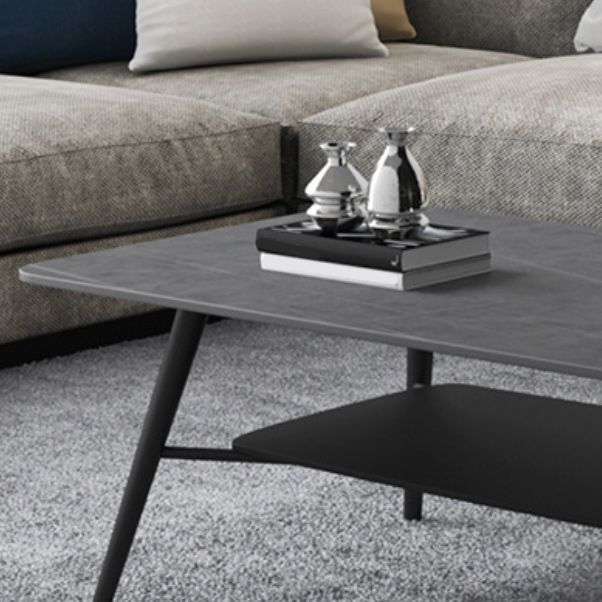 Cross Legs Rectangular Slate Coffee Cocktail Table in Gray with Shelf