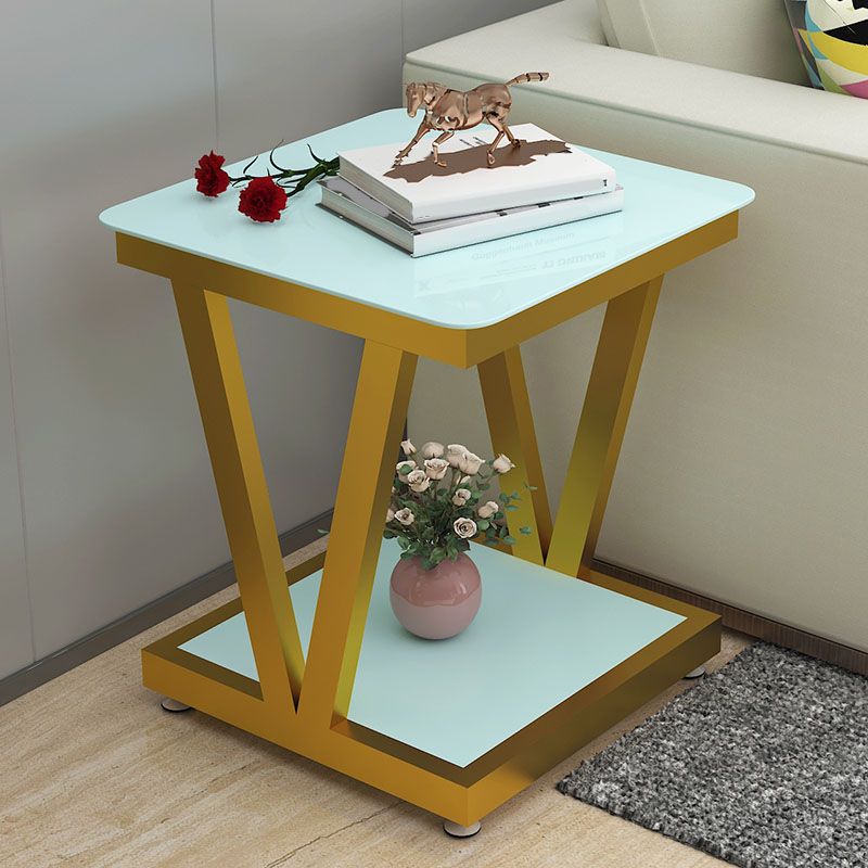 Square Glass Top Side Table 23.6" Tall Steel Trestle Base End Table with Shelf