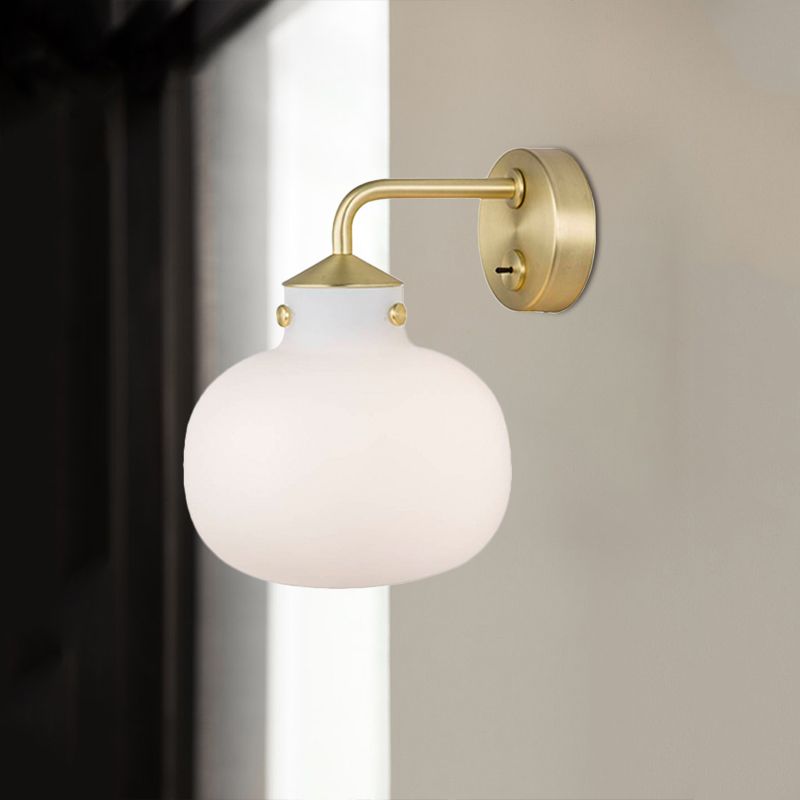 1 Bulb Balcony Wall Mount Light Postmodern Brass Wall Sconce with Oblong Milk White Glass Shade