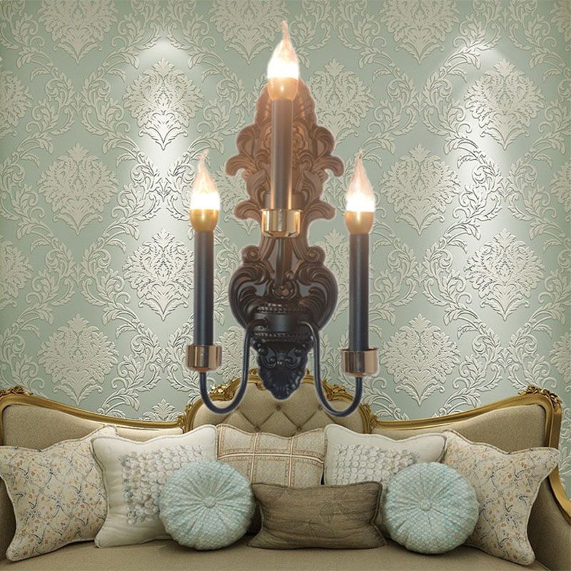 3 Bulbs Metal Wall Mount Lighting Rural Black Candle Living Room Flush Wall Sconce