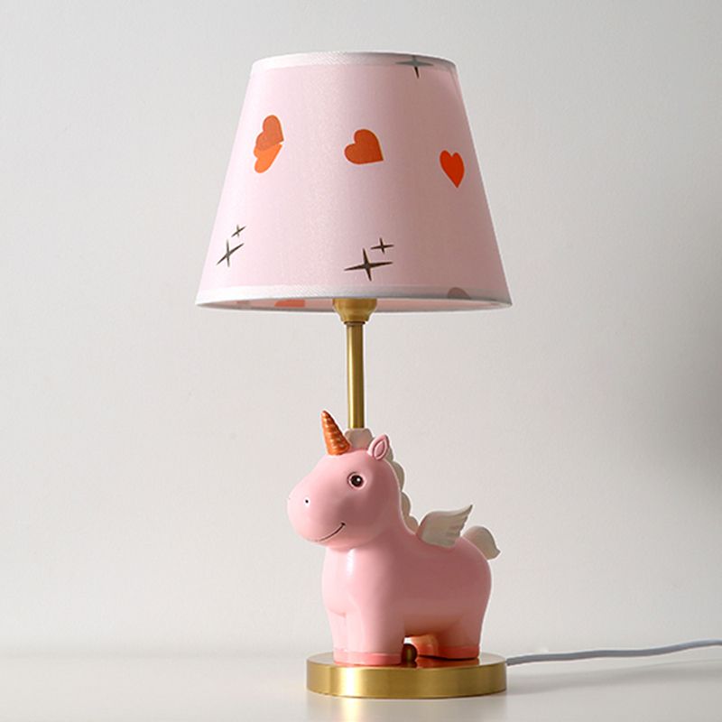 Bucket Table Lighting Kids Patterned Fabric 1-Light Nursery Nightstand Lamp with Resin Unicorn