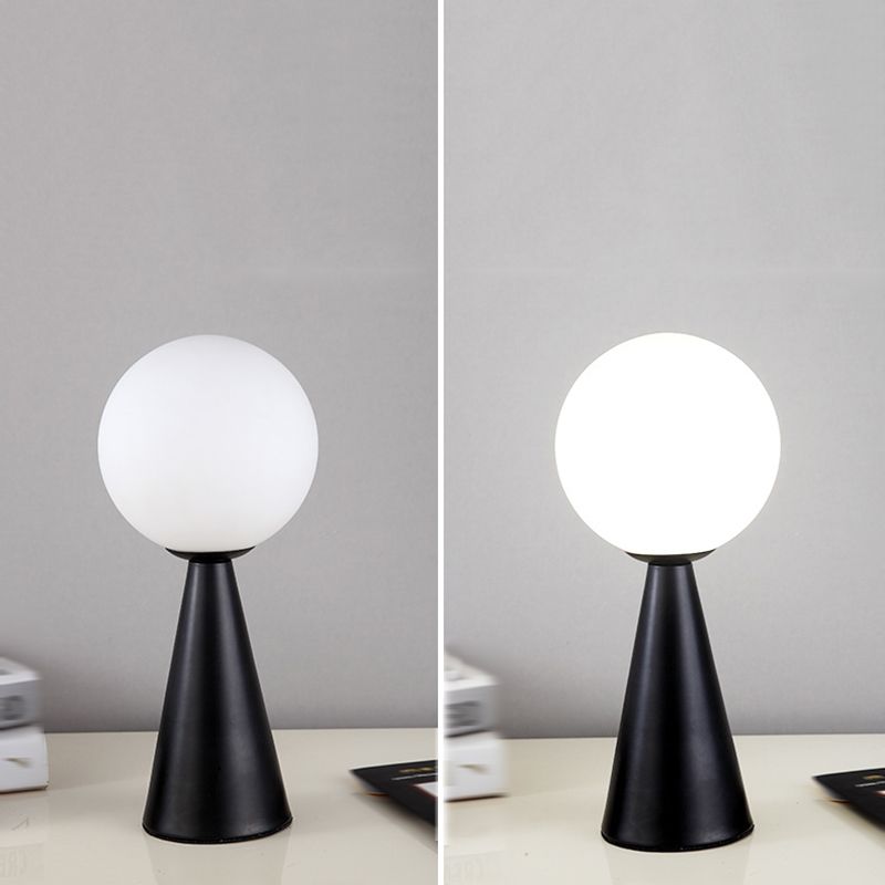 Conical Table Lamp Postmodern 1-Light Metal Night Light with Ball White Glass Shade