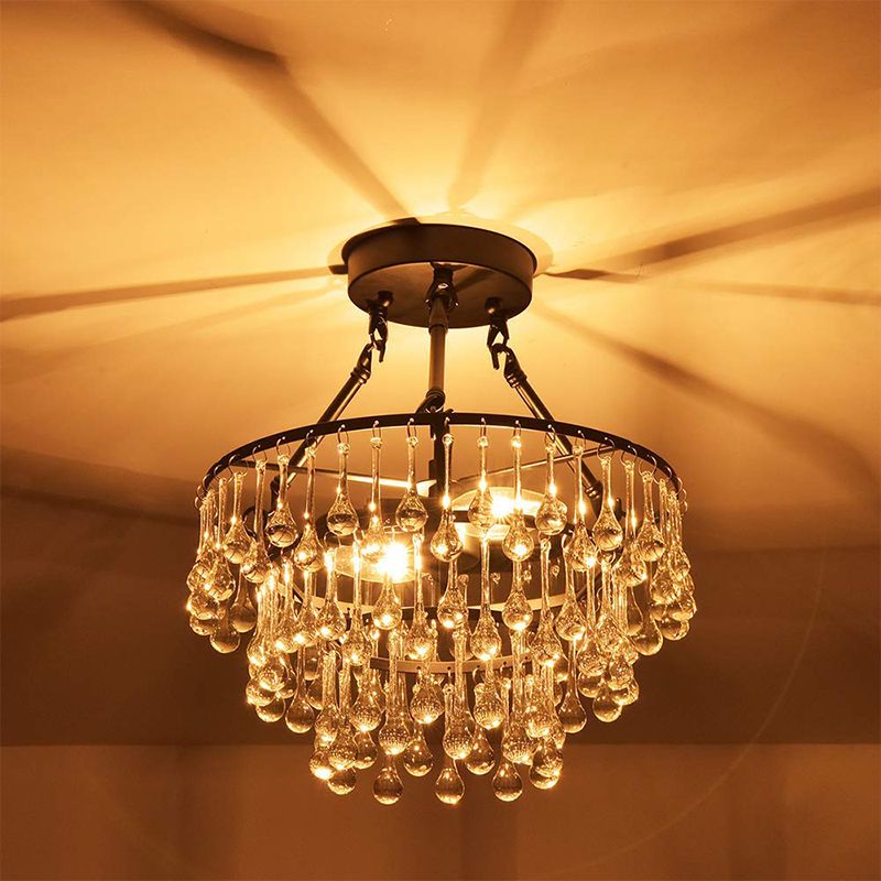 Contemporary 2 Lights Ceiling Fixture with Crystal Drip Shade Black 3-Tier Semi Flush Chandelier