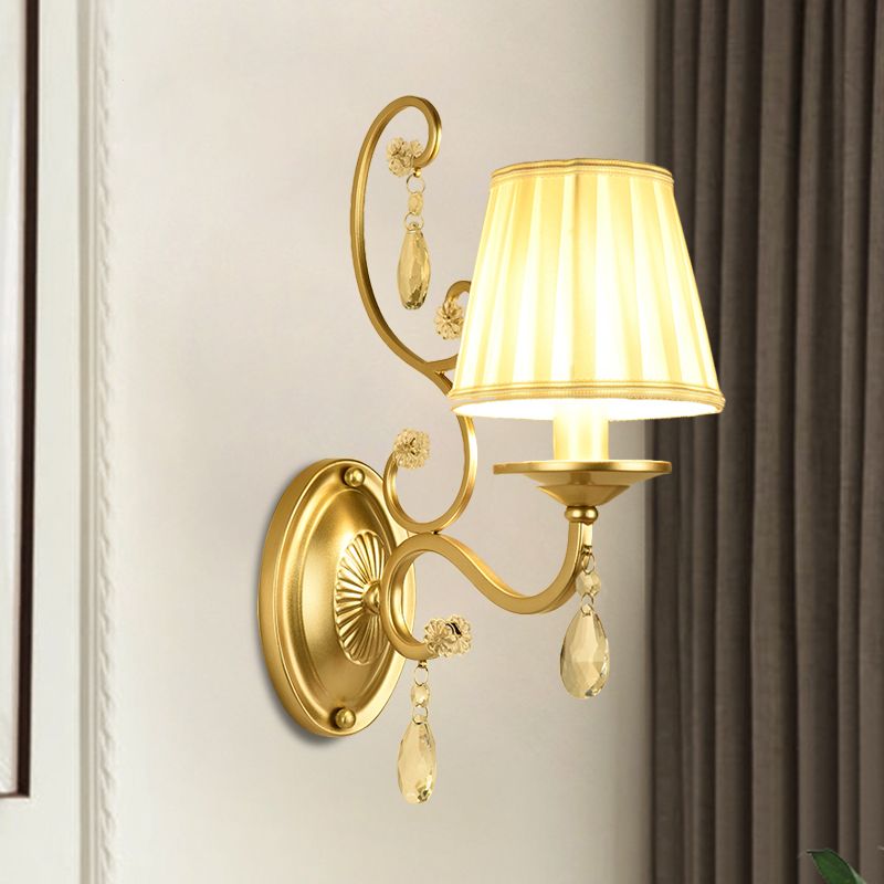 1 Bulb Tapered Surface Wall Sconce Modern Gold Fabric Wall Mount Light Fixture for Bedroom