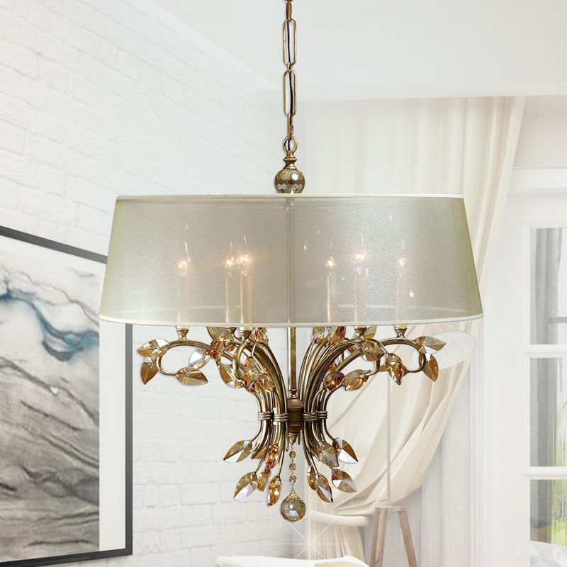 Drum Fabric Suspension Lamp Contemporary 6 Heads Living Room Chandelier Light Fixture in Brass