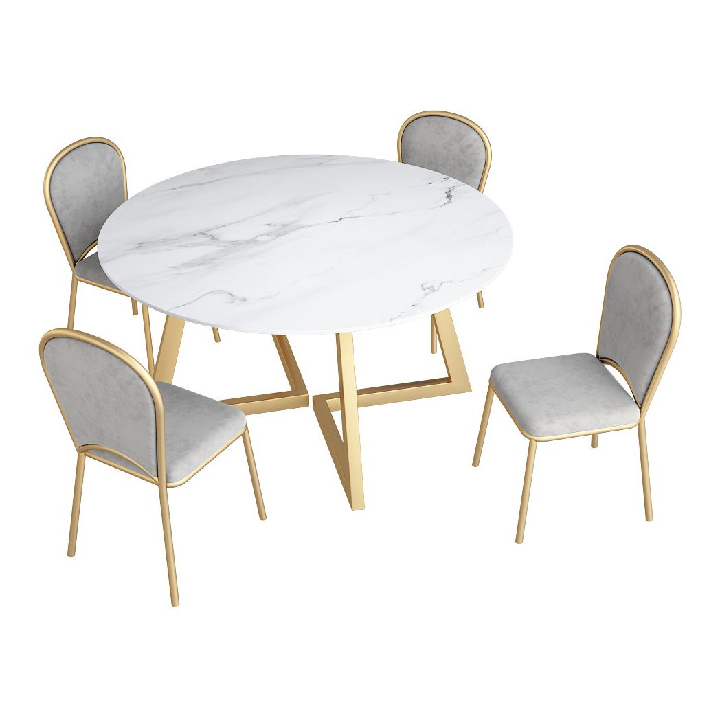 White Stone Top Dining Table Glam Style Gold Base Dining Table for Living Room