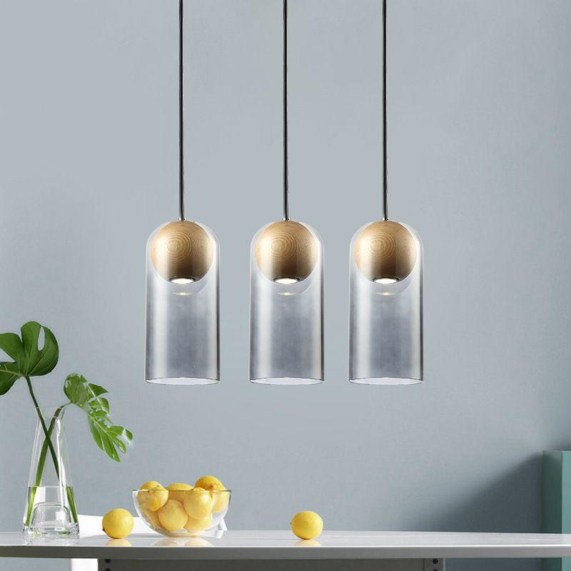 Modern Artistic LED Pendant Light Wooden Bell Hanging Lamp with Gray Glass Shade