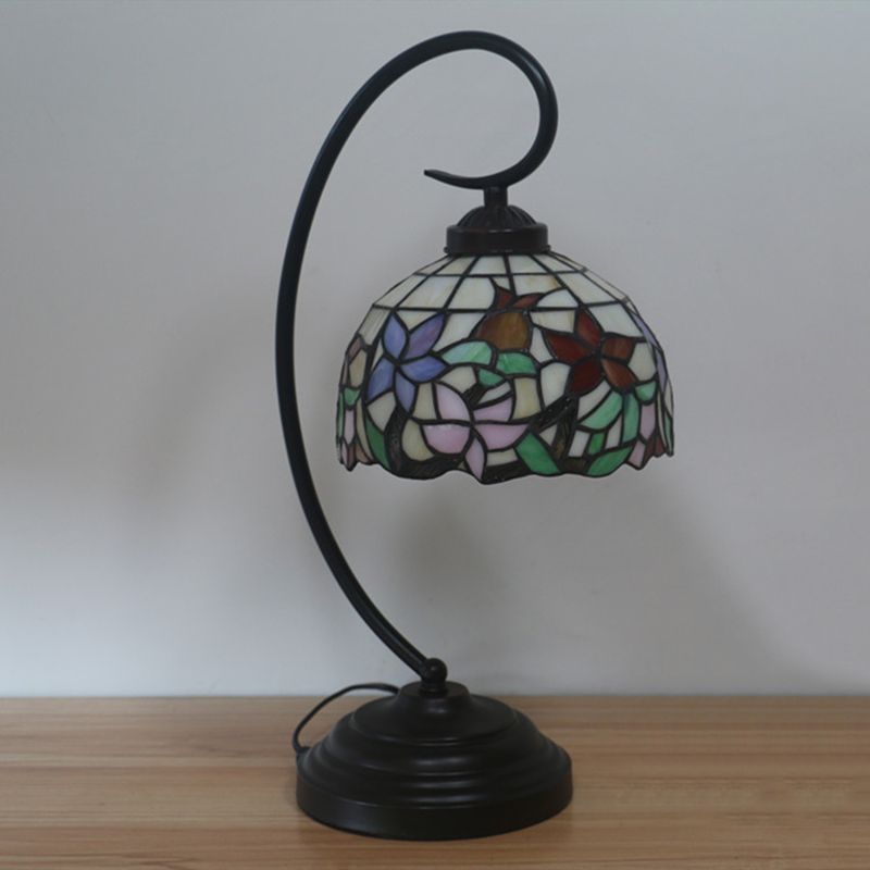 Pink/Orange 1-Head Desk Light Tiffany Hand Cut Glass Bowl Shape Night Table Lamp with Blossom Pattern for Bedroom