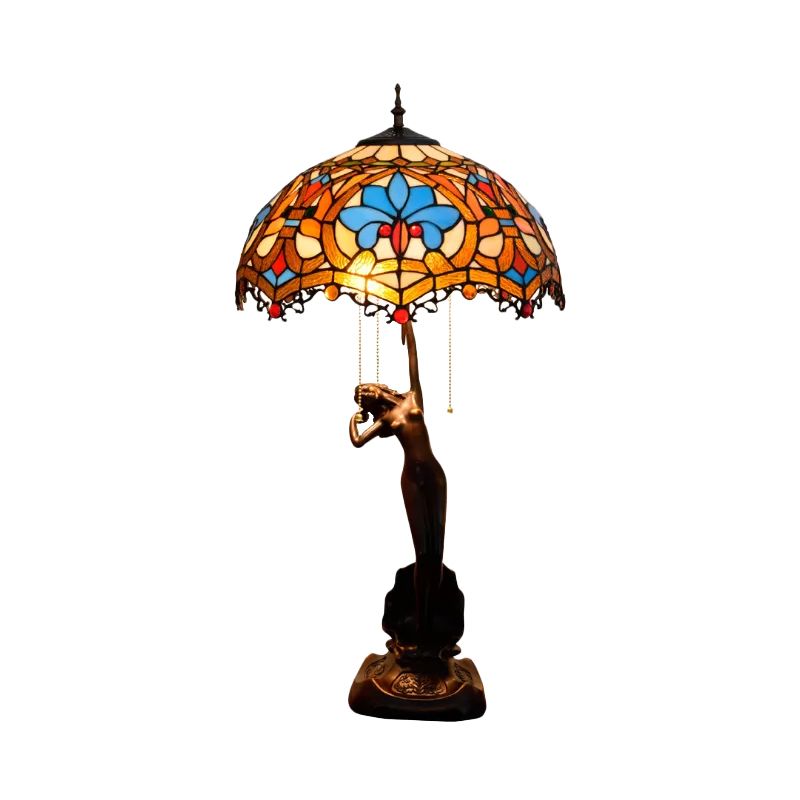 Resin Coffee Pull-Chain Night Stand Light Lady Statue 3-Light Tiffany Table Lamp with Parrot Blue-Brown/Trellis Yellow-White Glass Shade