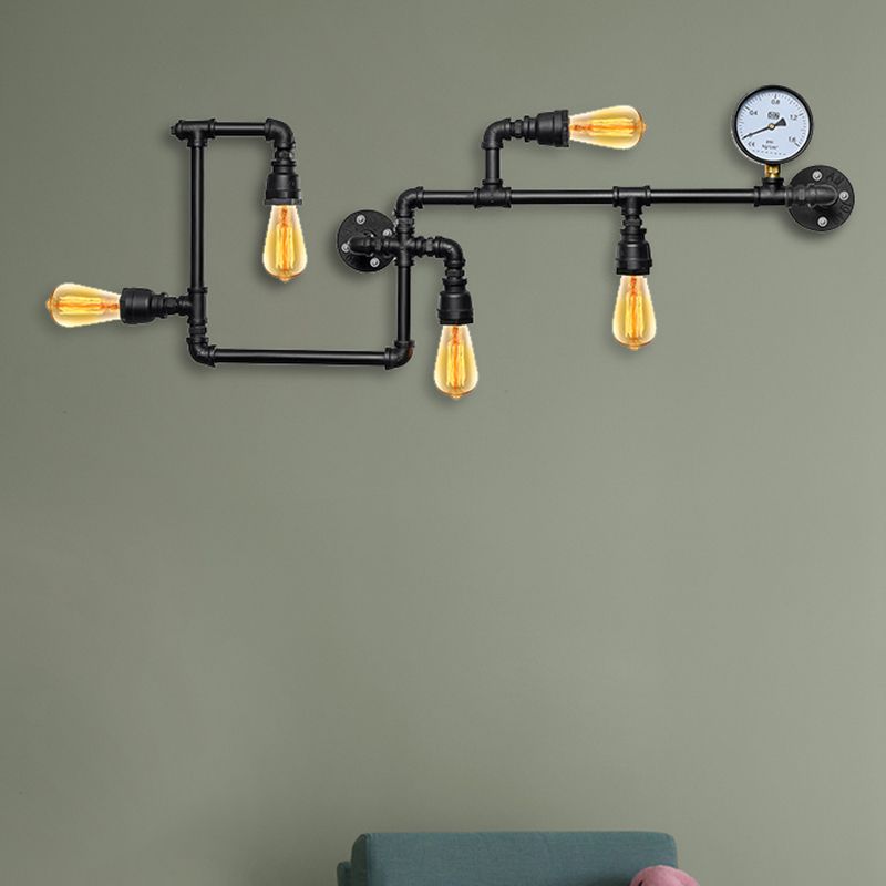 5 Bulbs Wall Lighting Vintage Style Twisted Pipe Metallic Wall Mounted Lamp with Pressure Gauge in Black