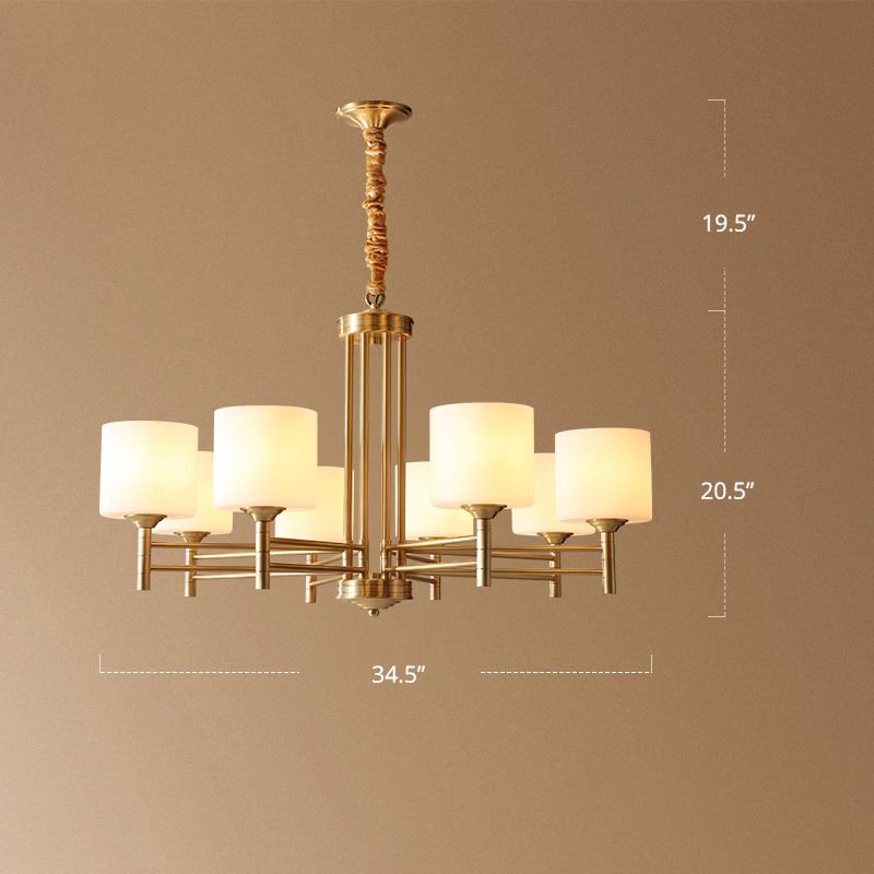 Brass Cylindrical Pendant Lighting Traditional White Glass Living Room Chandelier Lamp