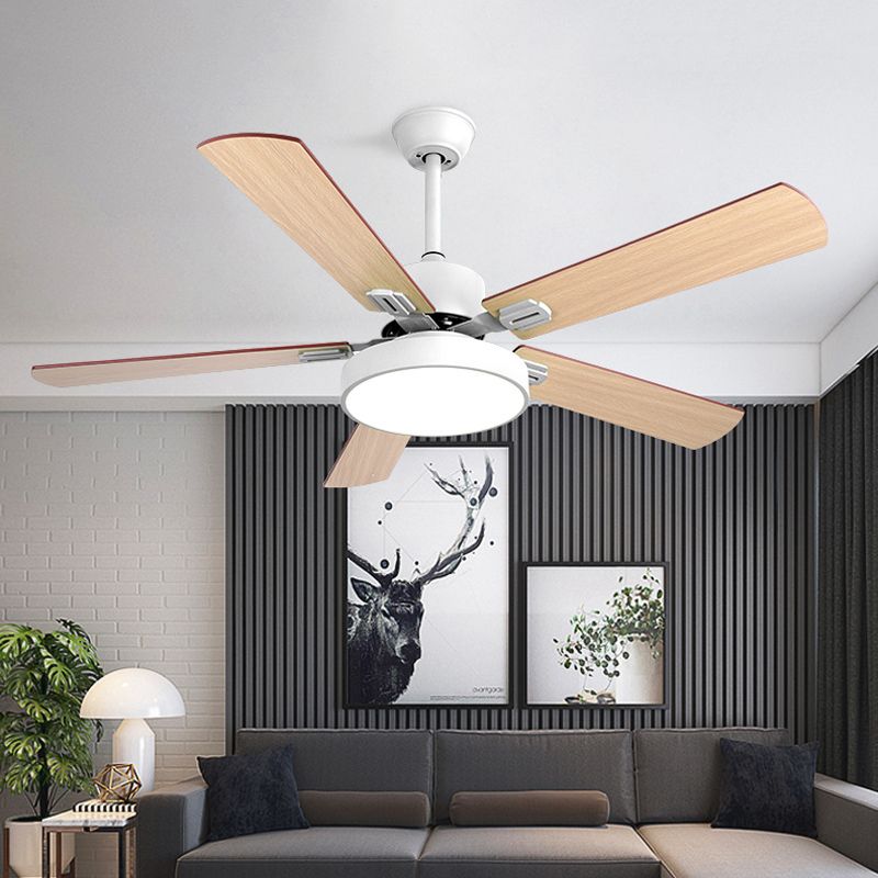 Cirkel slaapkamer plafondventilator verlichting modernisme metaal led grijs/witte semi -spoelmontage verlichtingsarmatuur met 5 houten messen, 52 "breedte