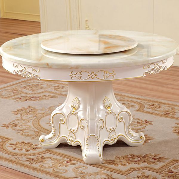 Solid Wood Victorian Round Dining Table Faux Marble Top Table with Wooden Pedestal