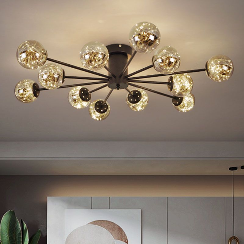 Radial Living Room Semi Flush Mount Smoke Grey Glass Contemporary Ceiling Light Fixture in Black