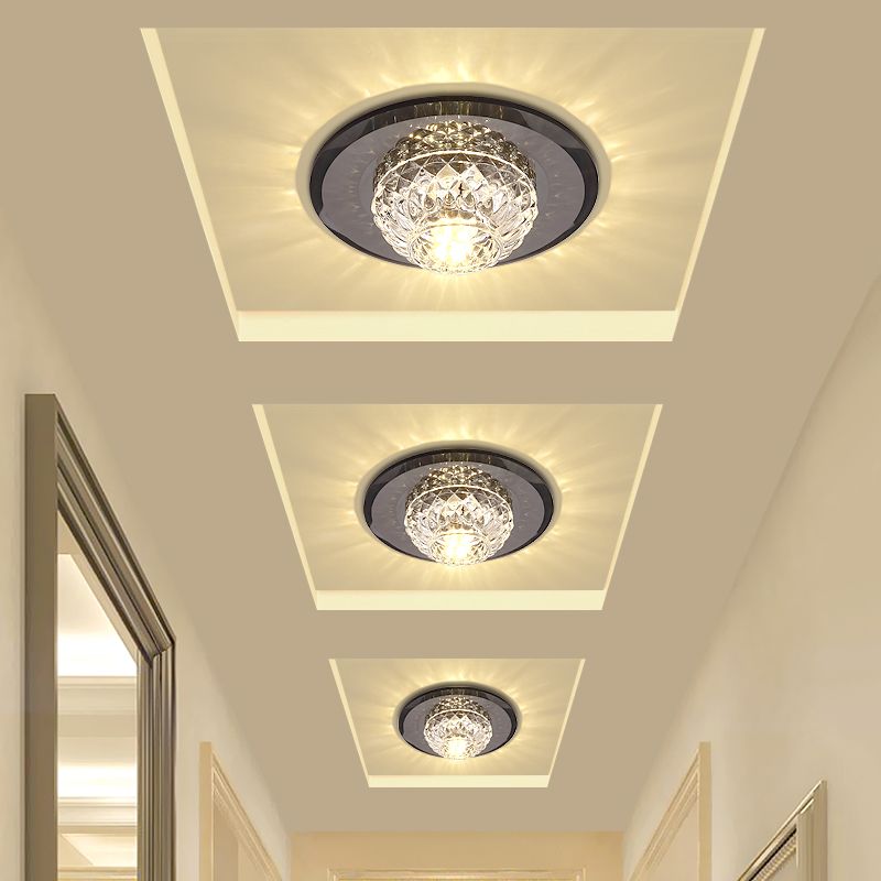 Lattice Bowl Flush Light Fixture Minimalist Beveled Crystal LED Black Close to Ceiling Light for Porch