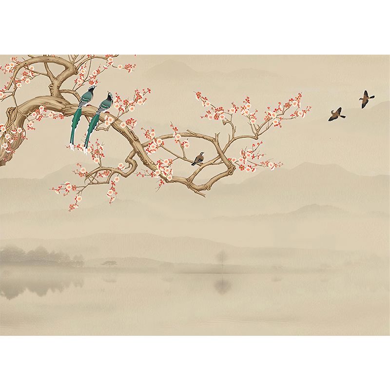 Waterproofing Bird and Blossoms Mural Wallpaper Traditional Wall Covering for Living Room