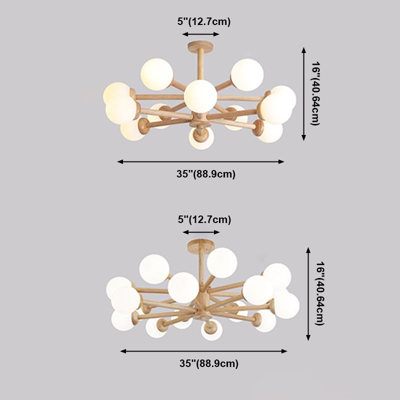 Wood Chandelier Nordic Style Pendant Lamp with White Glass Shade for Living Room