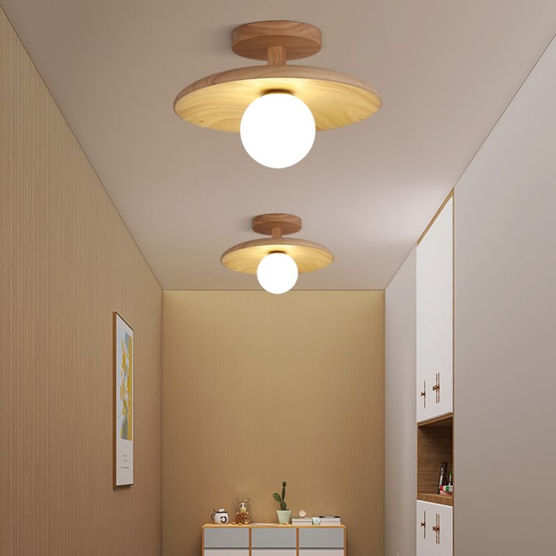 Contemporary Globe Flush Light Fixture Wood 1 Light Flush Mount Ceiling Light in Brown