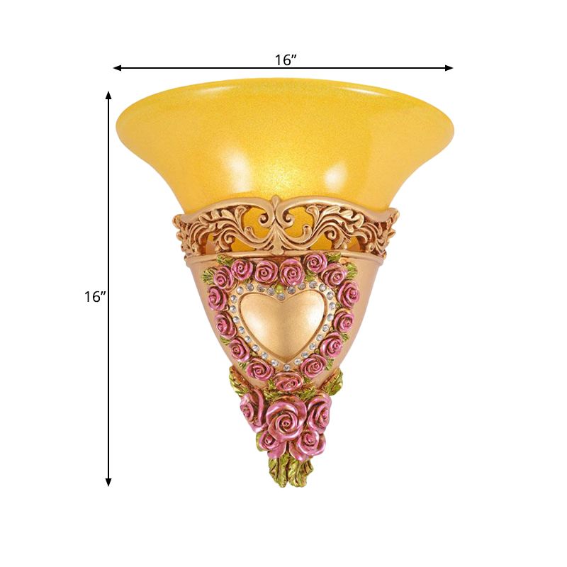 1 Bulb Trumpet Shape Sconce Light Colonial Style Yellow Glass Wall Lighting Fixture