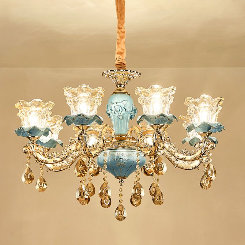 Floral Blown Clear Glass Chandelier Lamp Minimalist Gold Suspension Pendant Light for Living Room