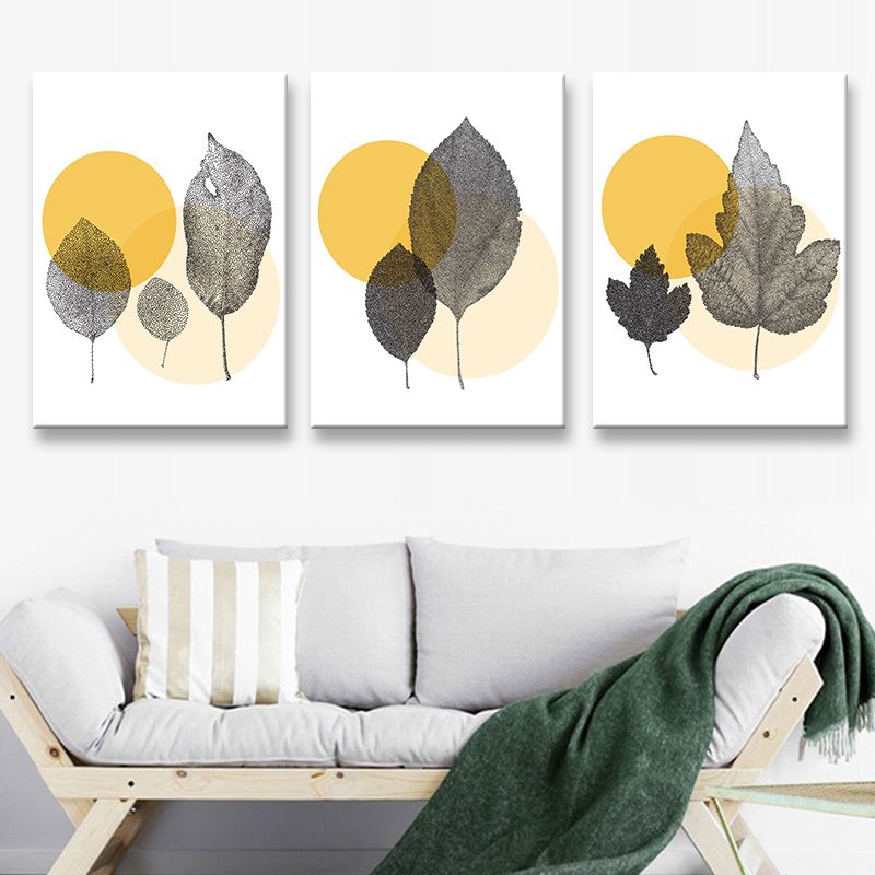 Textured Yellow Canvas Art Scandinavian Style Leaves Printed Wall Decor, Set of 3