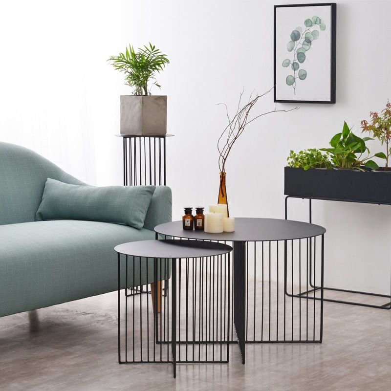 Mid-century Modern Iron Round Top Coffee Table Cross Legs Cocktail Table