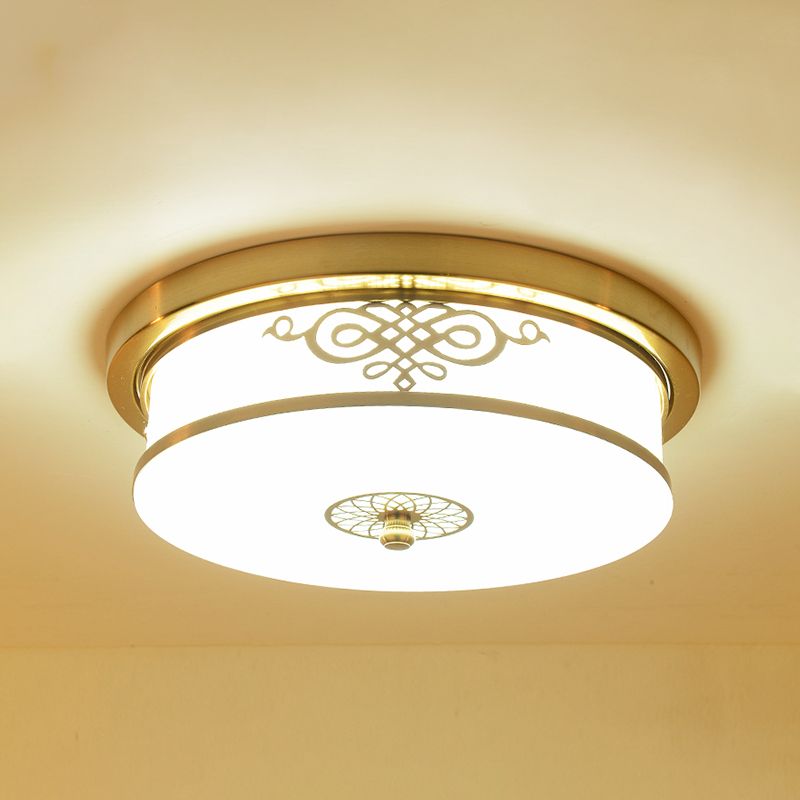 Traditionele trommelspoelplafondlicht 1-licht slaapkamer LED-plafondverlichting met glazen schaduw