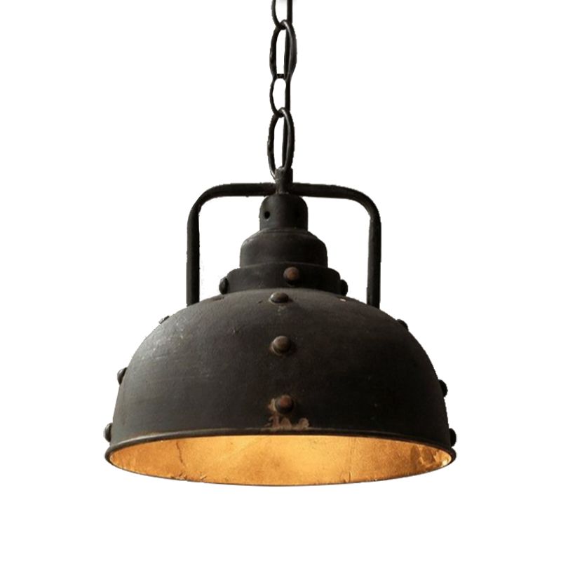 1 Light Dome Suspension Light Country Rustic Style Antique Black Wrought Iron Hanging Pendant Light