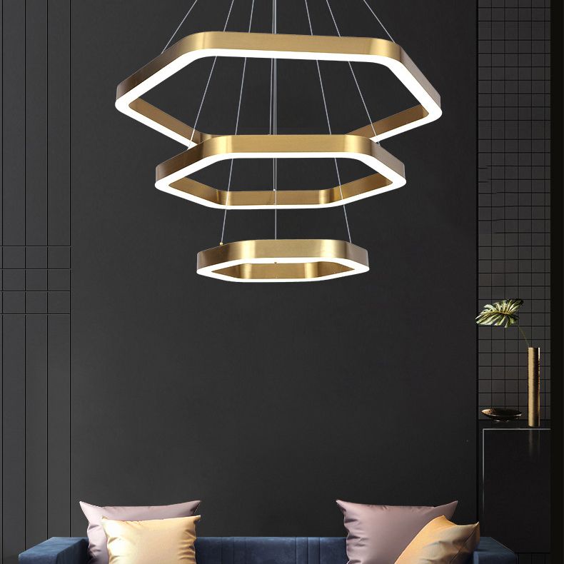 Modern Hexagon Chandelier Light Fixtures 3-Tier Hanging Pendant Lamps with White Acrylic Shade