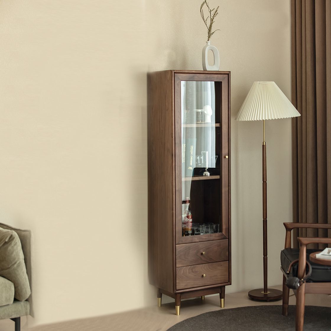 66.9" Tall 2-Drawer Accent Cabinet Solid Wood Glass Paned Side Cabinet in Walnut Brown