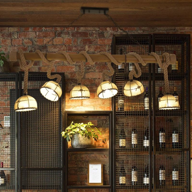 6 Lights Fabric Island Light Farmhouse Wood Bowl Shade Restaurant Pendant Lighting