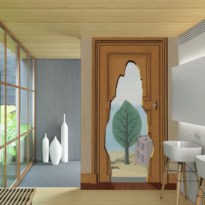 Surrealistic Art Broken Door Mural Brown Stain Resistant Wall Decor for Living Room