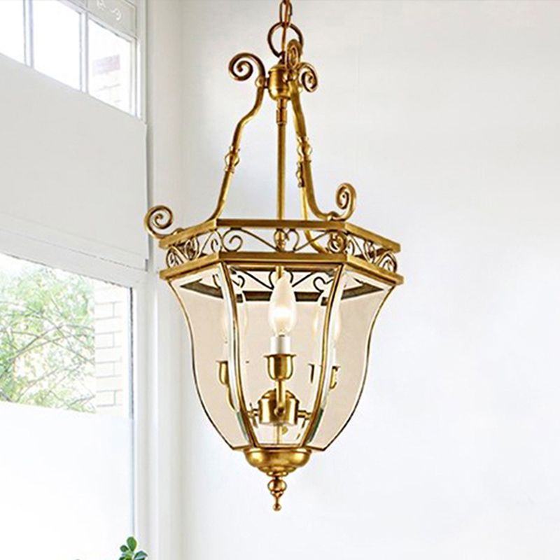Lampe à lustre conique en laiton rétro 3 têtes de plafond en verre transparent léger pour balcon