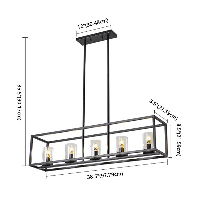 Glass 5 Lights Island Pendant Chandelier Rectangle Industrial Island Light Fixtures for Dining Room