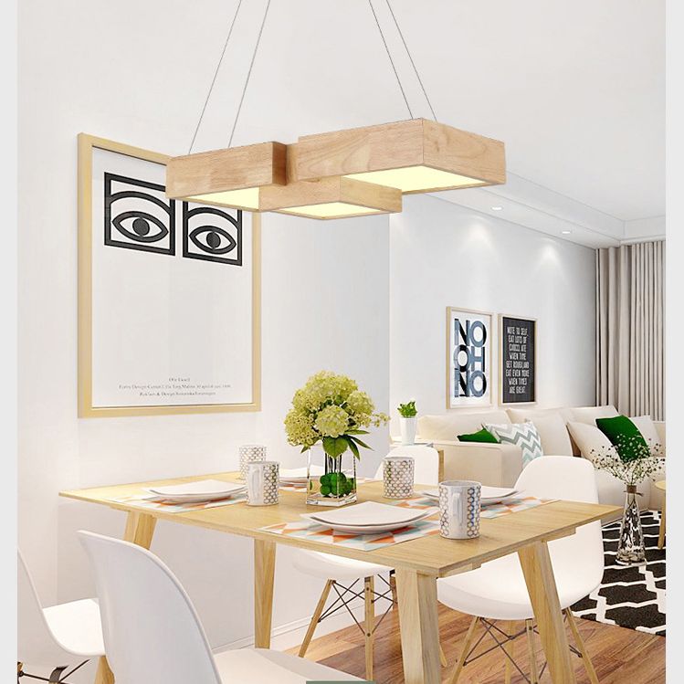 Wooden Square Island Lighting Fixture Modern Style LED Wood Hanging Ceiling Light